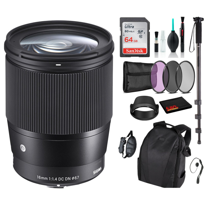 Sigma 16mm f/1.4 DC DN Contemporary Lens for Micro Four Thirds with Advance Bundle: Backpack + Sandisk 64gb SD+ More