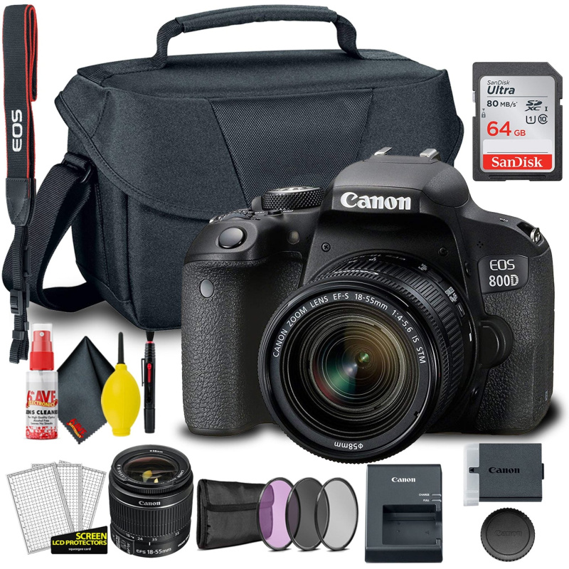 Canon EOS 800D / Rebel T7i DSLR Camera with 18-55mm Lens  + Creative Filter Set, EOS Camera Bag +  Sandisk Ultra 64GB Card + 6AVE Electronics Cleaning