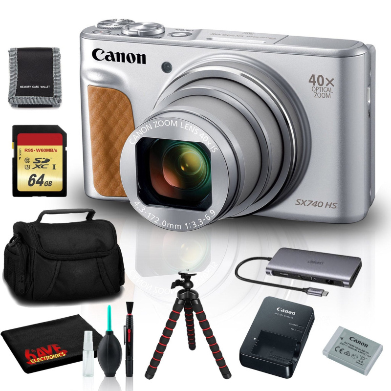 Canon PowerShot SX740 HS Digital Camera (Silver) with 64GB SD, Tripod, and More (International Model)
