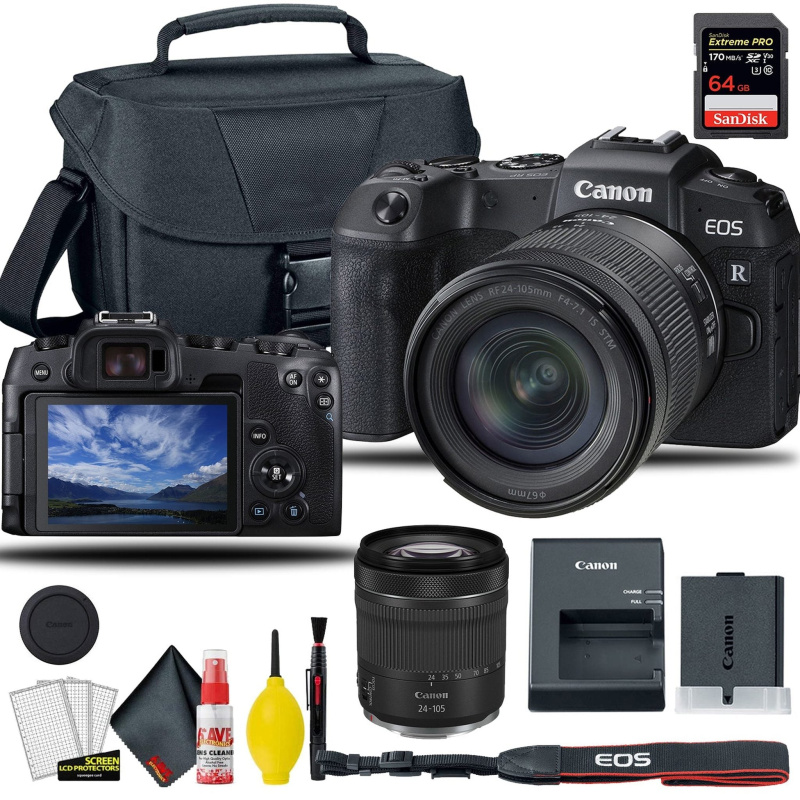 Canon EOS RP Mirrorless Digital Camera with 24-105mm f/4-7.1 Lens, + EOS Camera Bag + Sandisk Extreme Pro 64GB Card + 6AVE Electronics Cleaning Set, a