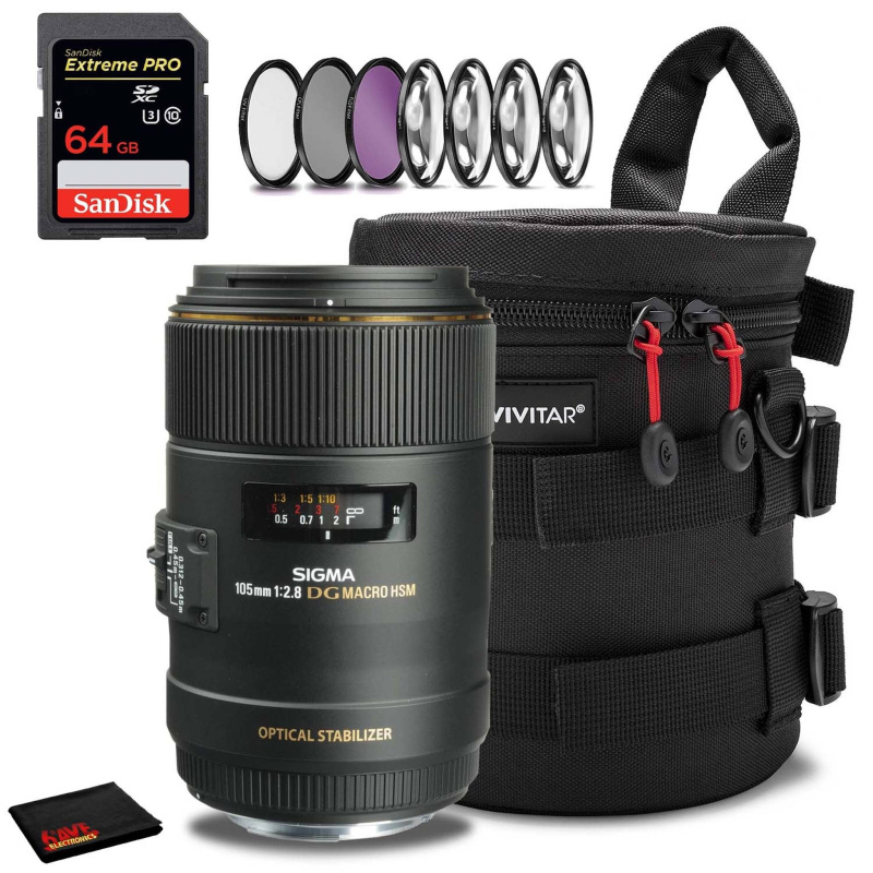 Sigma 105mm f/2.8 EX DG OS HSM Macro Lens for Canon EF with 7-Piece Filter Kit, 64GB SDXC Memory Card and Protective Lens Case (International Model)
