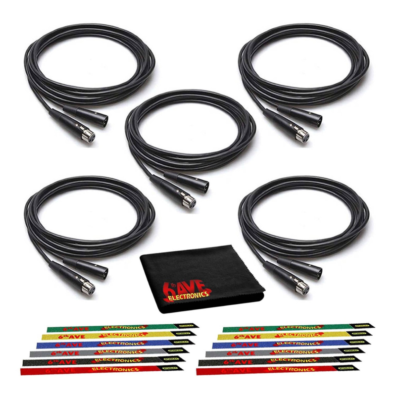 Hosa 10-Foot XLR Cable (5-Pack) Bundled with Ten (10) Reusable Velcro Cable Ties and 6Ave Cleaning Cloth