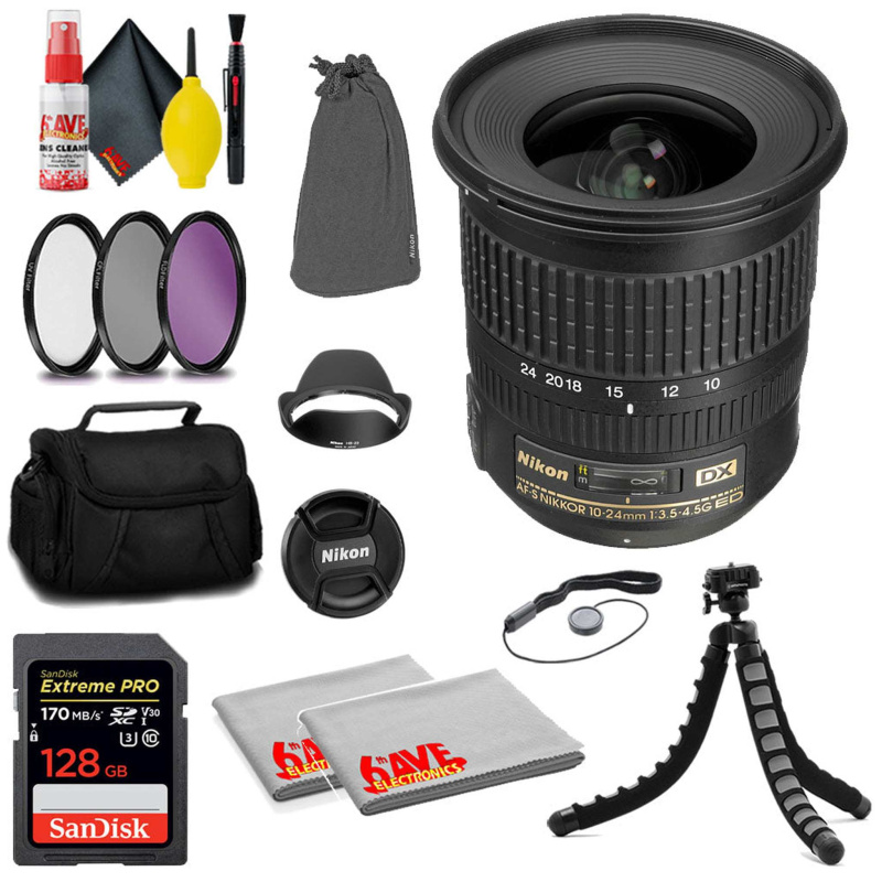 Nikon AF-S DX NIKKOR 10-24mm f/3.5-4.5G ED Lens(Intl Model) + 128GB Card  + MORE