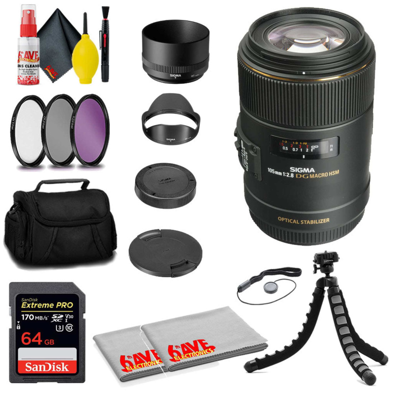 Sigma 105mm f/2.8 EX DG OS HSM Macro Lens Canon EF + SanDisk 64GB Card + MORE (International Model)