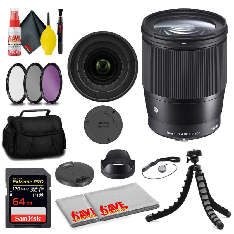 Sigma 16mm f/1.4 DC DN Contemporary Lens for Sony E  + 64GB Card + MORE