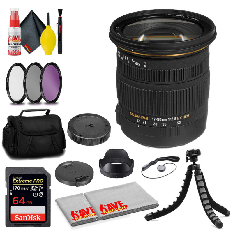 Sigma 17-50mm f/2.8 EX DC OS HSM Lens for Canon EF + 64GB Card + MORE (International Model)