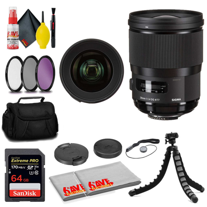 Sigma 28mm f/1.4 DG HSM Art Lens for Nikon F + 64GB Card + MORE