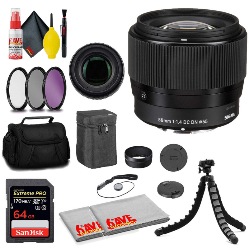 Sigma 56mm f/1.4 DC DN Contemporary Lens for Sony E + 64GB Card+ MORE