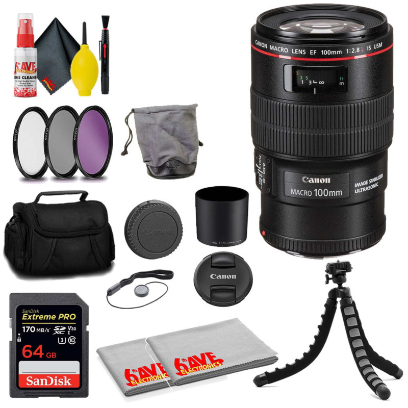 Canon EF 100mm f/2.8L Macro IS USM Lens + SanDisk 64GB Card + Filter Kit + MORE (International Model)