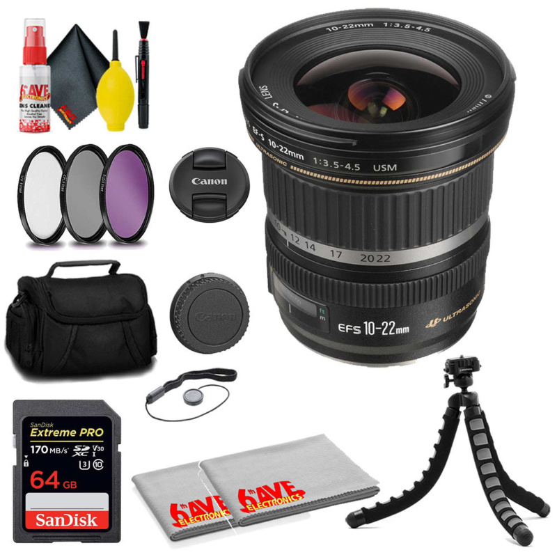 Canon EF-S 10-22mm f/3.5-4.5 USM Lens + SanDisk 64GB Card + Filter Kit + MORE (International Model)