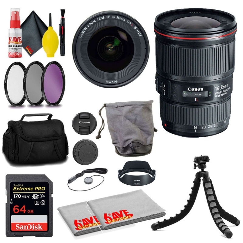 Canon EF 16-35mm f/4L IS USM Lens + SanDisk 64GB Card + MORE (International Model)