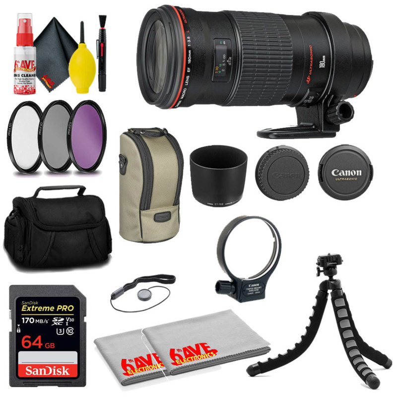 Canon EF 180mm f/3.5L Macro USM Lens + SanDisk 64GB Card + MORE (International Model)