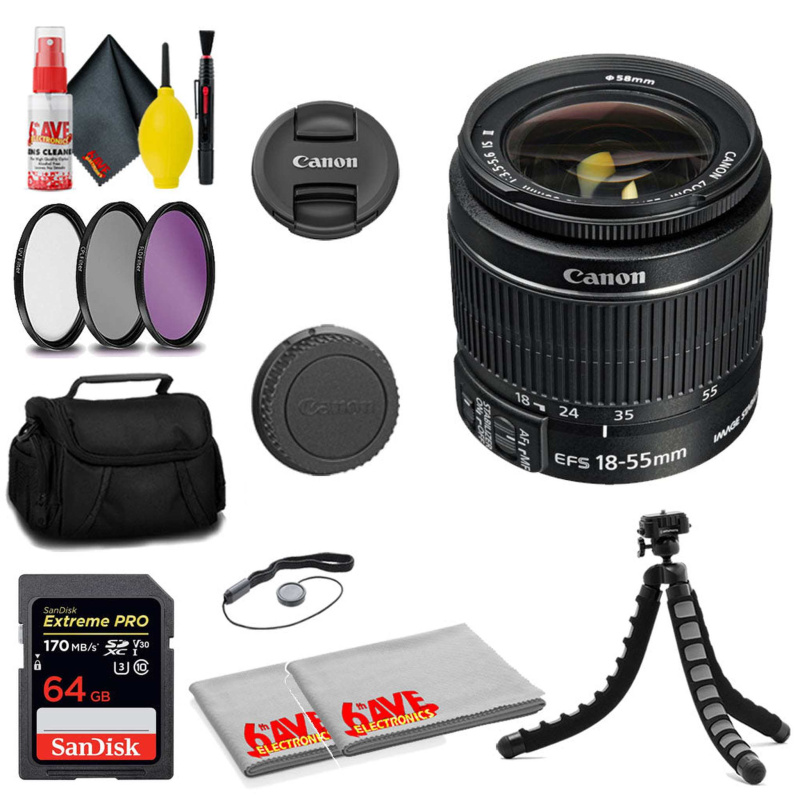 Canon EF-S 18-55mm f/3.5-5.6 IS II Lens + SanDisk 64GB Card + MORE (International Model)
