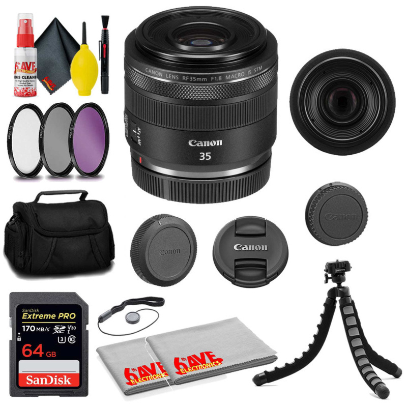 Canon RF 35mm f/1.8 IS Macro STM Lens + SanDisk 64GB Card + MORE (International Model)