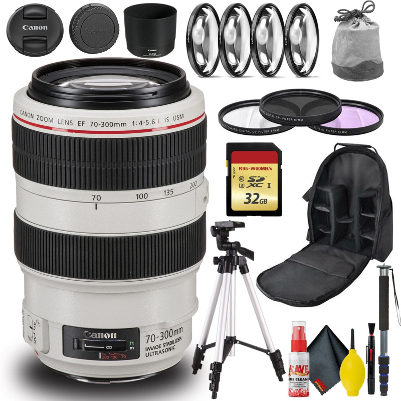Canon EF 70-300mm f/4-5.6L IS USM Lens Includes 32GB SD, Monopod, Bag, and More (International Model)