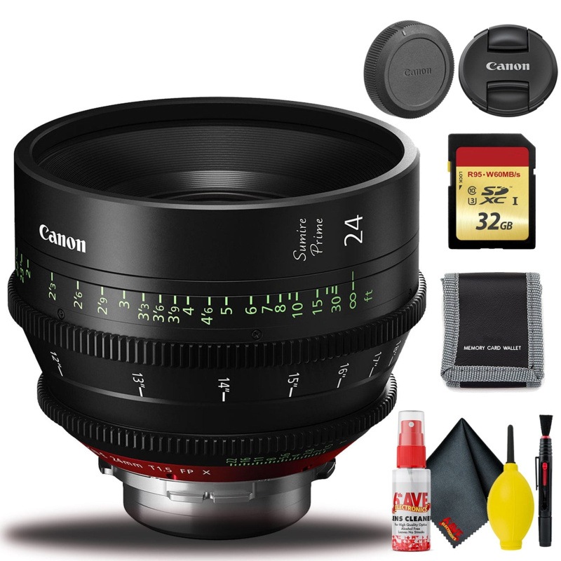 Canon 24mm Sumire Prime T1.5 (PL Mount, Feet) with Cleaning Kit and 32GB Memory Bundle (International Model)