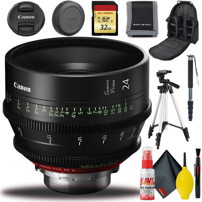 Canon 24mm Sumire Prime T1.5 (PL Mount, Ft) with Monopod, Tripod, Bag Bundle (International Model)