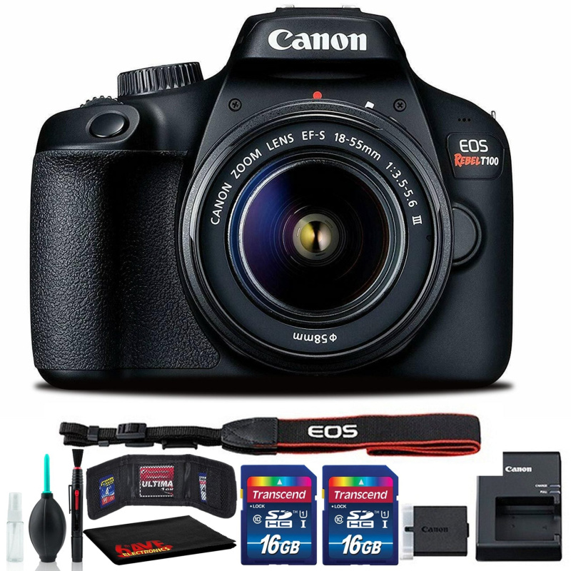 Canon EOS Rebel T100 DSLR Camera with 18-55mm III Lens (Intl Model) Includes Two 16GB Memory Cards and Cleaning Kit (International Model)