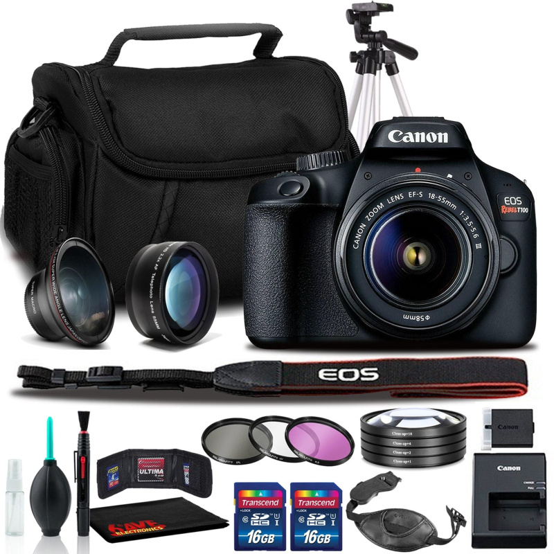 Canon EOS Rebel T100 DSLR Camera with 18-55mm III Lens (Intl Model) + Bag + Tripod + Filters + Telephoto Lens + More (International Model)