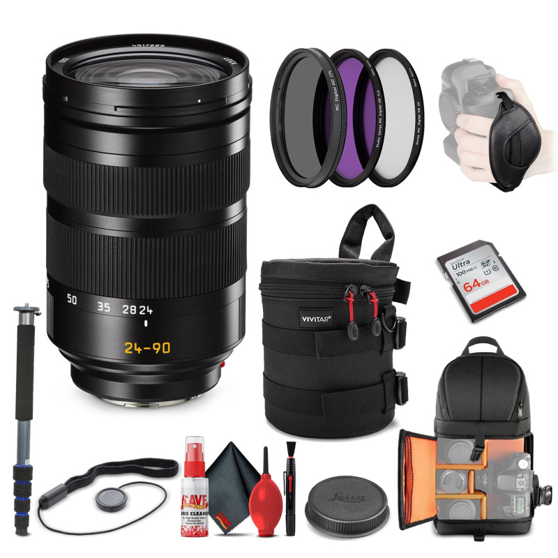 Leica Vario-Elmarit-SL 24-90mm f/2.8-4 ASPH. Lens (11176) + 64GB Memory Card + Padded Case + Filters + Full Size Monopod Bundle