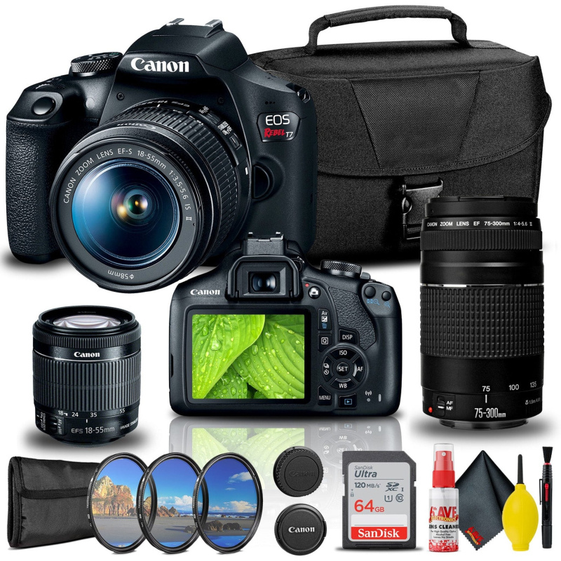 Canon EOS Rebel T7 DSLR Camera with 18-55mm and 75-300mm Lenses  + Creative Filter Set + EOS Camera Bag +  Sandisk Ultra 64GB Card + Cleaning Set, and