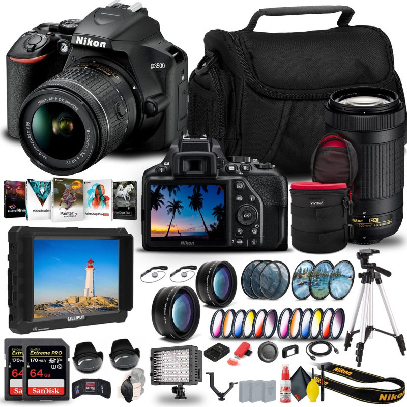 Nikon D3500 DSLR Camera with 18-55mm and 70-300mm Lenses (1588) + 4K Monitor Graphic Bundle