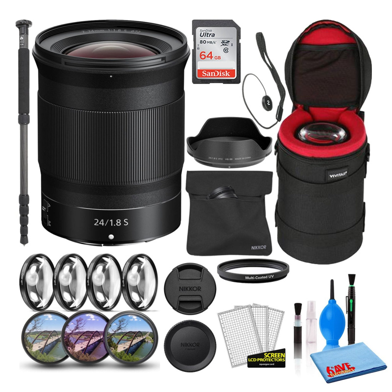 Nikon NIKKOR Z 24mm f/1.8 S Prime Lens (20080) Intl Model Bundle + 64GB SD Card