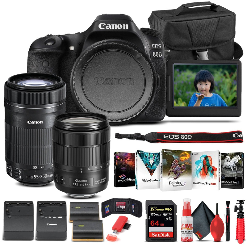 Canon EOS 80D Camera W/ 18-135mm Lens and EF-S 55-250mm Lens  - Basic Bundle (International Model)