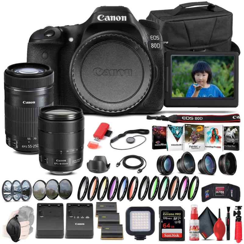 Canon EOS 80D Camera W/ 18-135mm Lens and EF-S 55-250mm Lens  - Advanced Bundle (International Model)