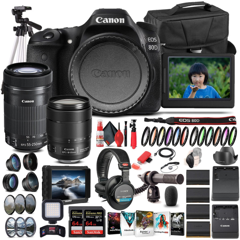 Canon EOS 80D Camera W/ 18-135mm Lens and EF-S 55-250mm Lens  - Pro Bundle (International Model)