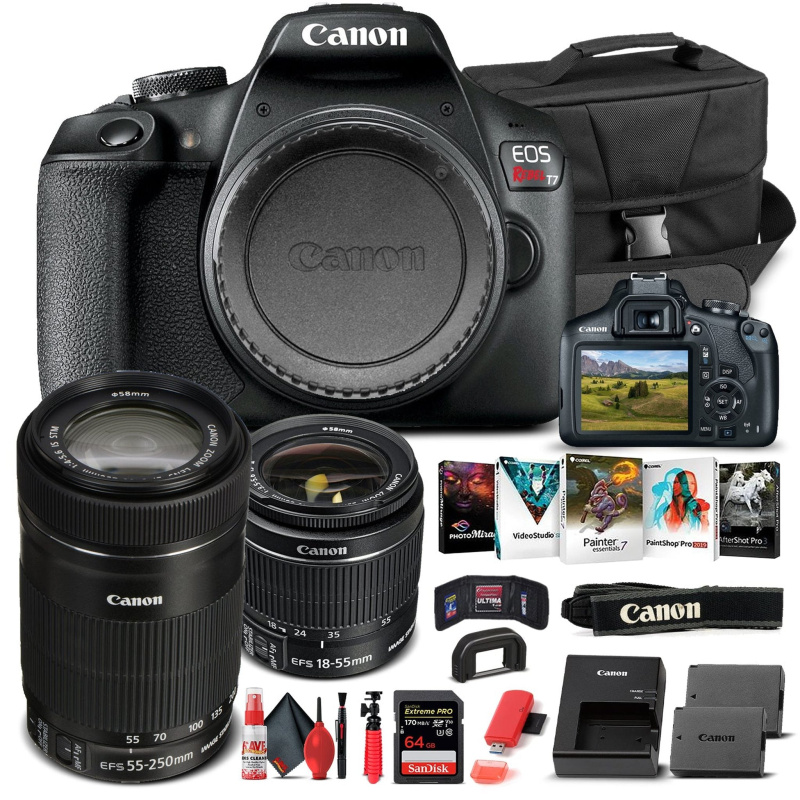 Canon EOS Rebel T7 Camera W/ 18-55mm and EF-S 55-250mm Lens  - Basic Bundle (International Model)