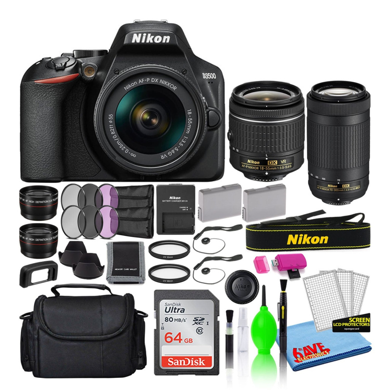 Nikon D3500 Digital Camera with Dual Lenses (1588) + 64GB Card + Case/Bag (Intl)