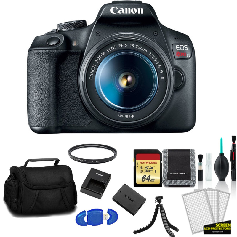 Canon EOS Rebel T7 EF-S 18-55mm IS II Kit with 64GB Memory Card + UV Filter + More - International Model