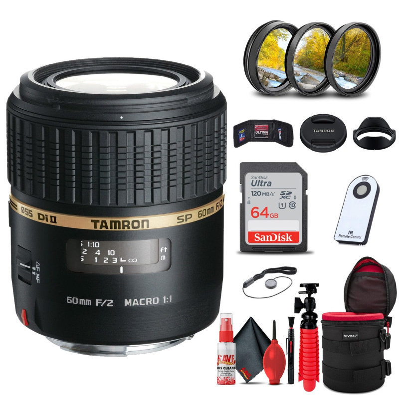 Tamron SP 60mm f/2 Di II 1:1 Macro Lens for Sony A + 64GB Accessory Bundle
