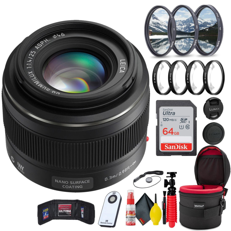 Panasonic Leica DG Summilux 25mm f/1.4 ASPH Lens + 64GB SD Card Bundle