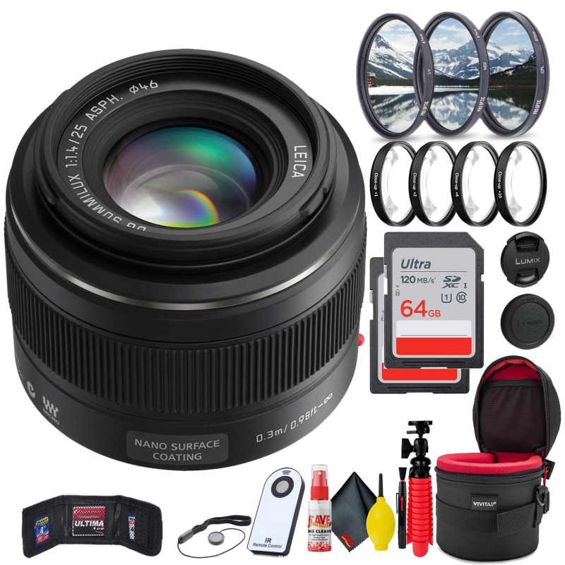 Panasonic Leica DG Summilux 25mm f/1.4 ASPH Lens + 2x 64GB SD Cards Bundle