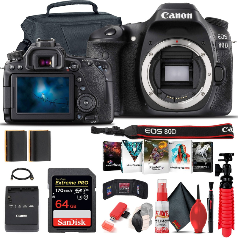 Canon EOS 80D DSLR Camera (Body Only) (1263C004) + 64GB Card + Case Starter Bundle (International Model)