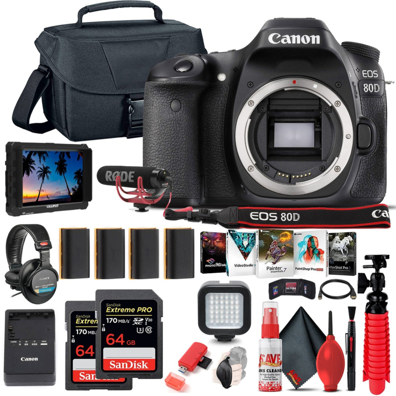 Canon EOS 80D DSLR Camera (Body Only) (1263C004) + 4K Monitor + Mic + More (International Model)