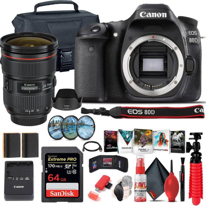 Canon EOS 80D DSLR Camera (Body Only) (1263C004) + Canon EF 24-70mm Lens + 64GB Advanced Bundle (International Model)