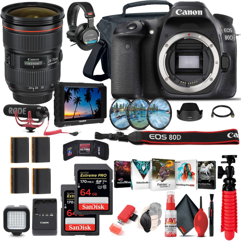 Canon EOS 80D DSLR Camera (Body Only) (1263C004) + 4K Monitor + Canon EF 24-70mm (International Model)