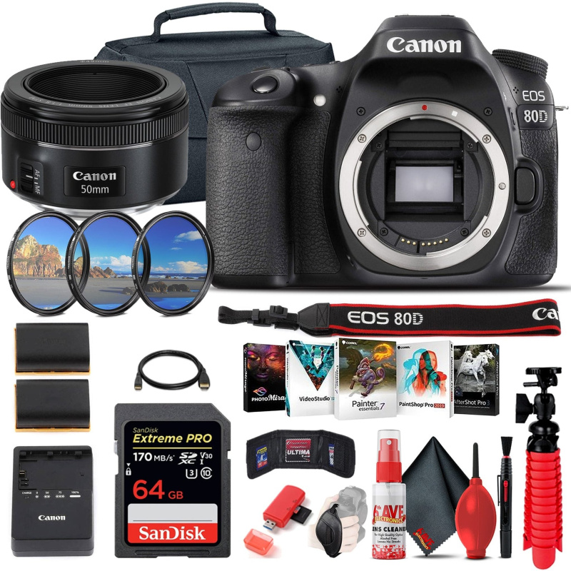 Canon EOS 80D DSLR Camera (Body Only) (1263C004) + EF 50mm Lens + 64GB Advanced Bundle (International Model)