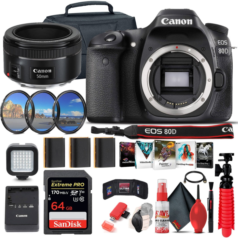 Canon EOS 80D DSLR Camera (Body Only) (1263C004) + EF 50mm Lens + 64GB Ultimate Bundle (International Model)
