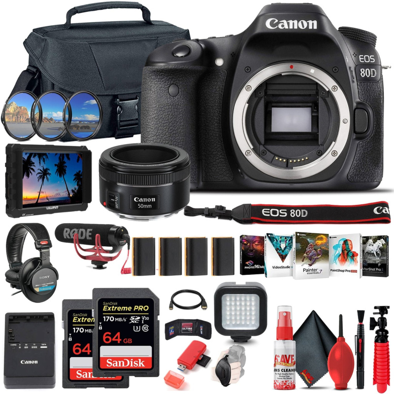 Canon EOS 80D DSLR Camera (1263C004) + 4K Monitor + Canon EF 50mm + More (International Model)