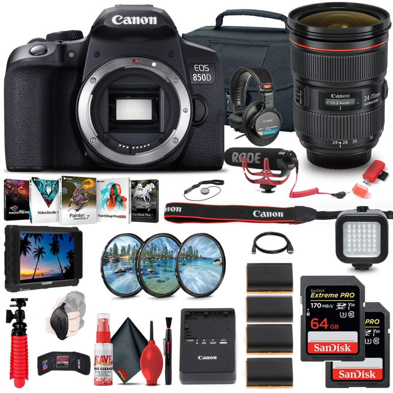 Canon EOS Rebel 850D / T8i DSLR Camera + Canon EF 24-70mm Lens Monitor Bundle (International Model)