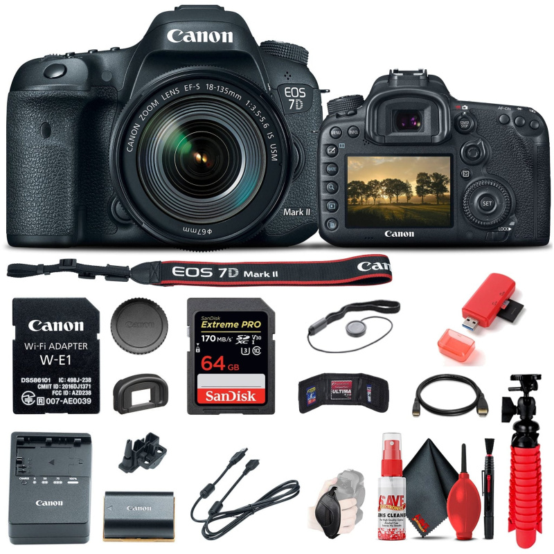 Canon EOS 7D Mark II DSLR Camera W/ 18-135mm f/3.5-5.6 IS USM Lens & W-E1 Base Bundle (International Model)