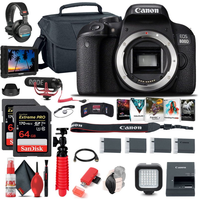Canon EOS Rebel 800D / T7i DSLR Camera (Body Only) + 4K Monitor + Mic + More (International Model)