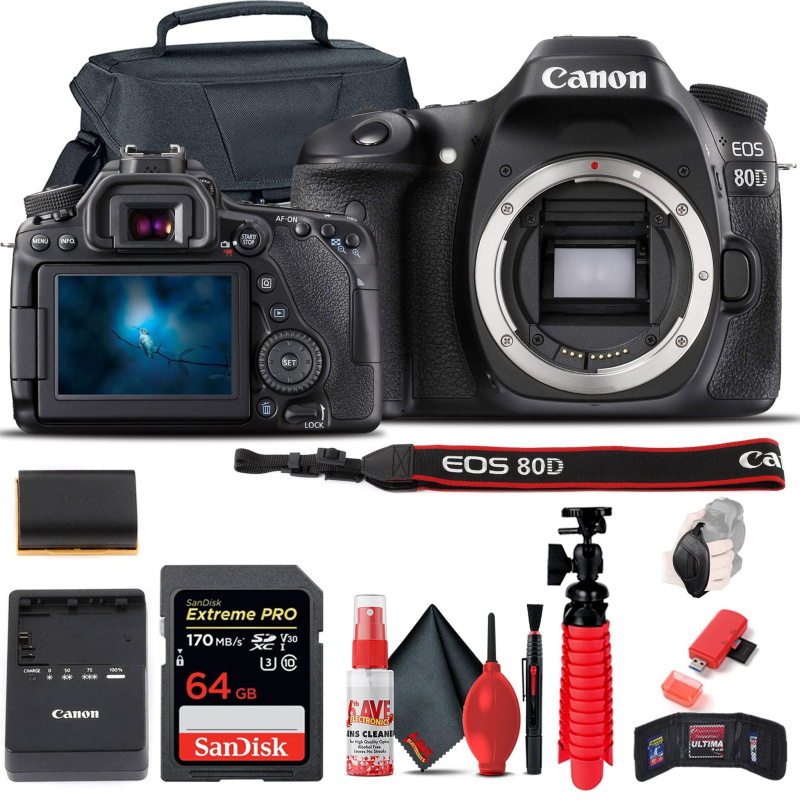 Canon EOS 80D DSLR Camera (Body Only) (1263C004) + 64GB Card + Case Base Bundle (International Model)