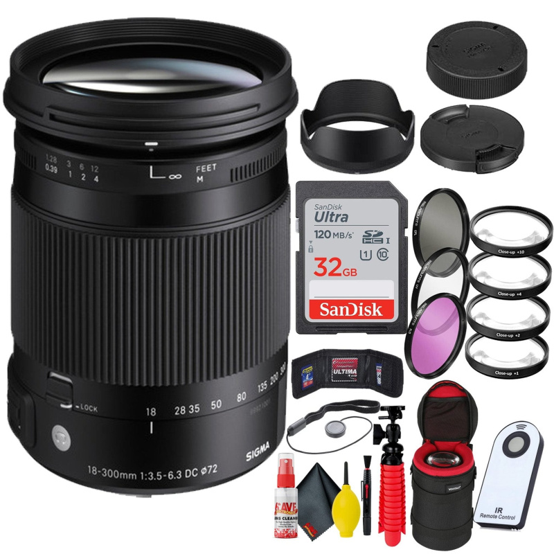 Sigma 18-300mm f/3.5-6.3 DC Macro OS HSM Contemporary Lens for Nikon F + 32GB SD Card Bundle