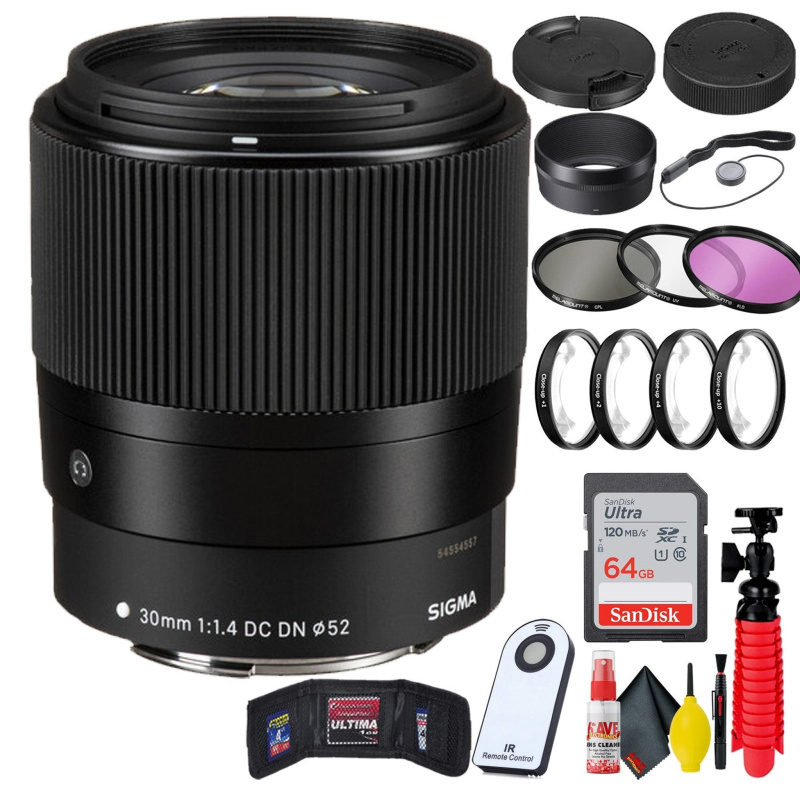 Sigma 30mm f/1.4 DC DN Contemporary Lens for Canon EF-M + 64GB SD Card Bundle (International Model)