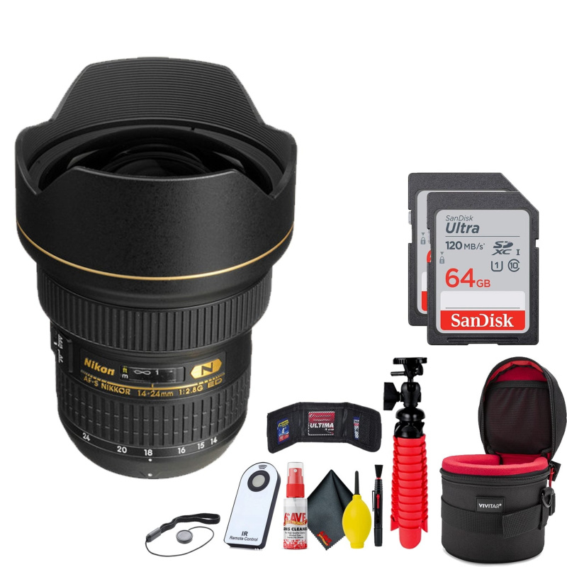 AF-S NIKKOR 14-24mm f/2.8G ED Lens Bundle(INTL Model) with (2)64GB SD Card